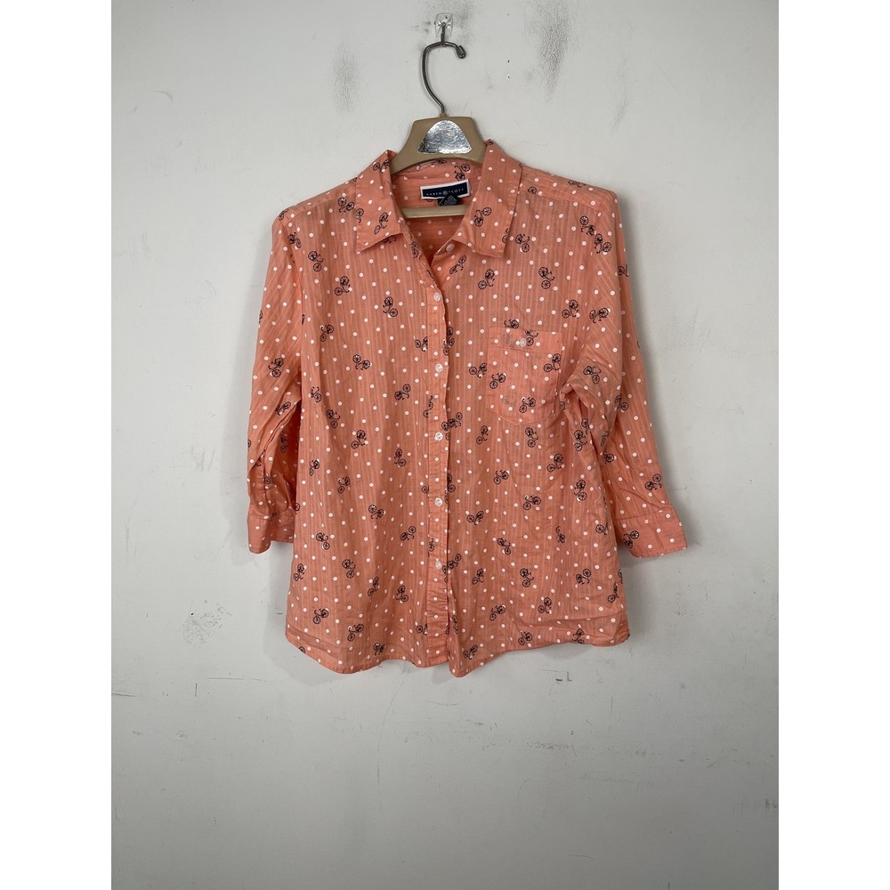 Karen Scott Womens XL Peach Polka‎ Dot Bicycle Print Button Up Shirt Top Bike